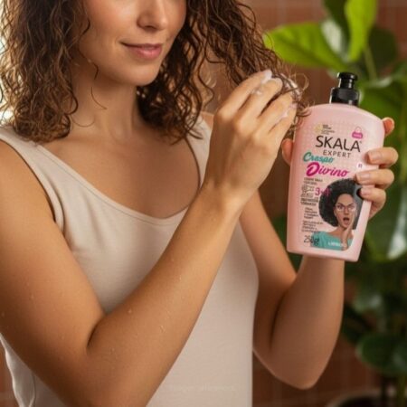 mujer usando crema para rizos